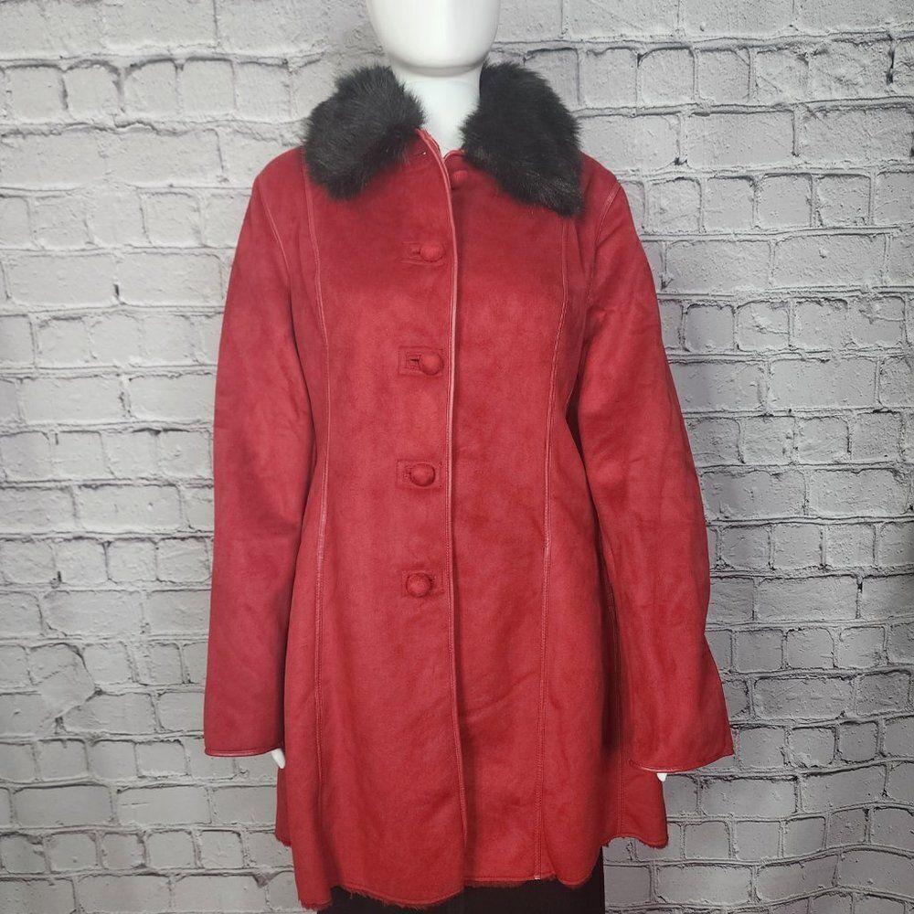 Anne Klein Red Faux Fur Lined Coat with Faux Fur Collar, Women's Small NWT - Picture 2 of 10
